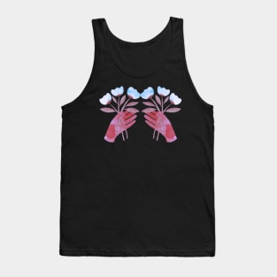 Red hands with blue flowers for you on black background Tank Top